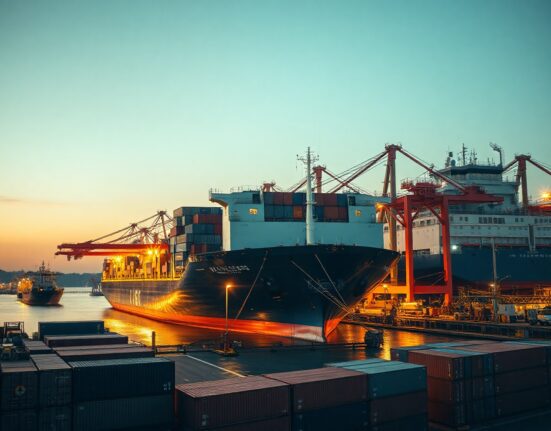 Cargo ships at a Japanese port at dusk, representing trade activity.