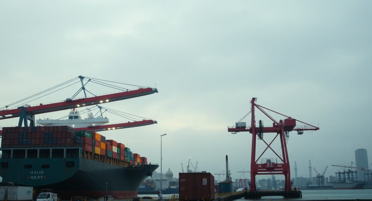 Cargo ship at a Japanese port, representing the country's widening trade deficit in June.