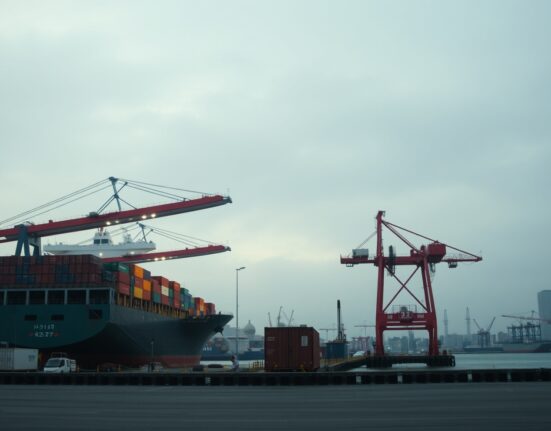 Cargo ship at a Japanese port, representing the country's widening trade deficit in June.