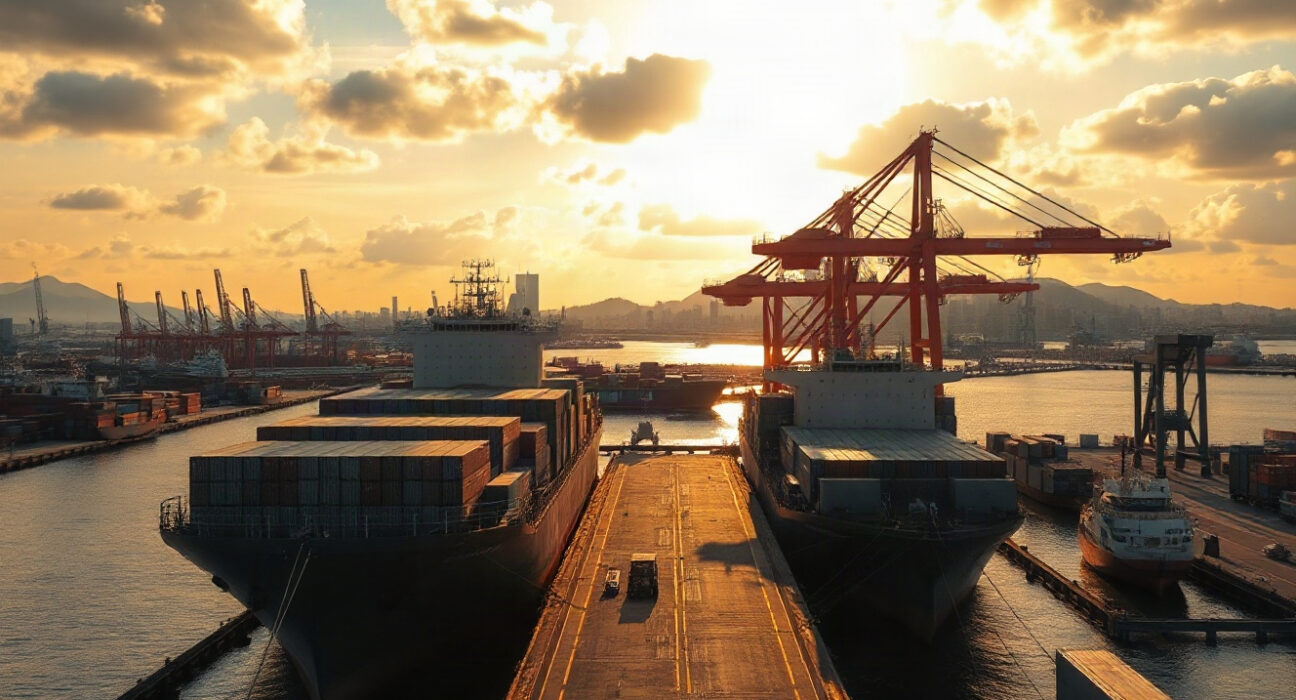Cargo ships and cranes at the Port of Tokyo on a clear day