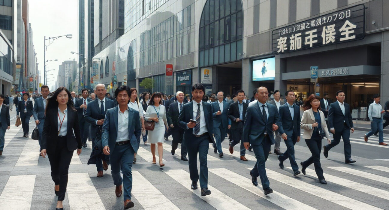 Commuters cross a busy Tokyo intersection during morning rush hour, reflecting a healthy labor market.