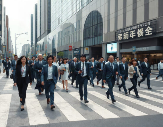 Commuters cross a busy Tokyo intersection during morning rush hour, reflecting a healthy labor market.