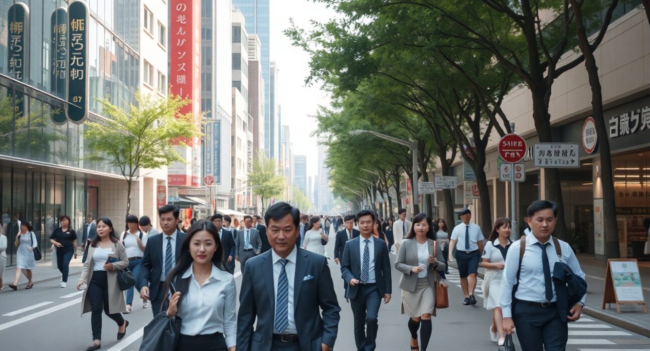 Busy city street in Japan with office workers and pedestrians, representing stable labor market conditions.