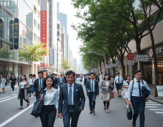 Busy city street in Japan with office workers and pedestrians, representing stable labor market conditions.