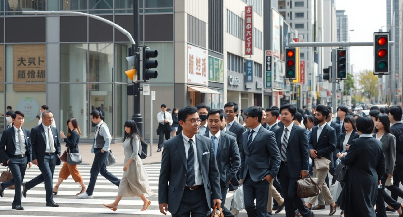 Busy street scene in a Japanese city with pedestrians crossing a road, representing the labor market.