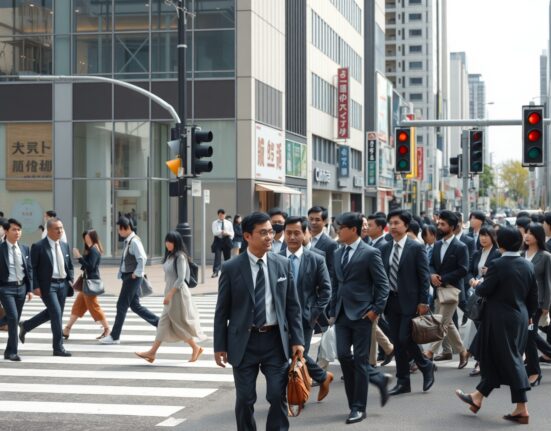 Busy street scene in a Japanese city with pedestrians crossing a road, representing the labor market.