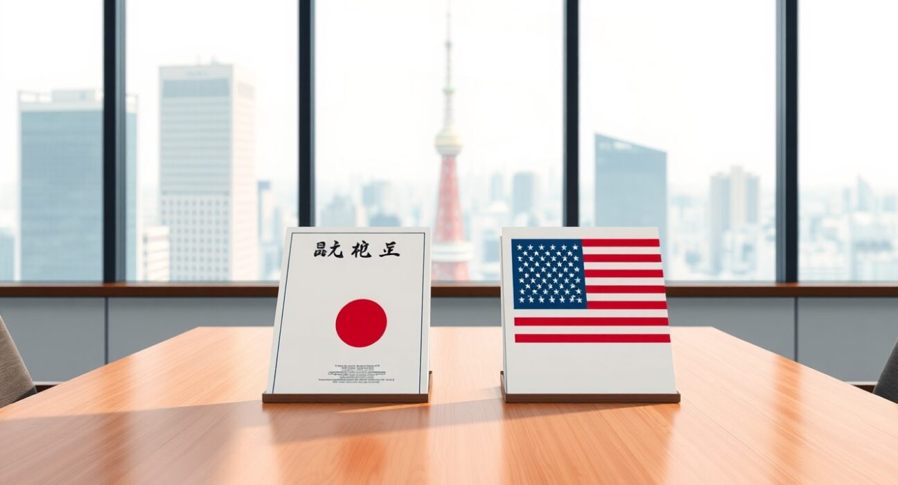 Japan and US flags on documents symbolizing the new currency agreement ahead of the Bessent Tokyo visit.