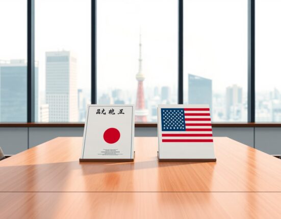 Japan and US flags on documents symbolizing the new currency agreement ahead of the Bessent Tokyo visit.