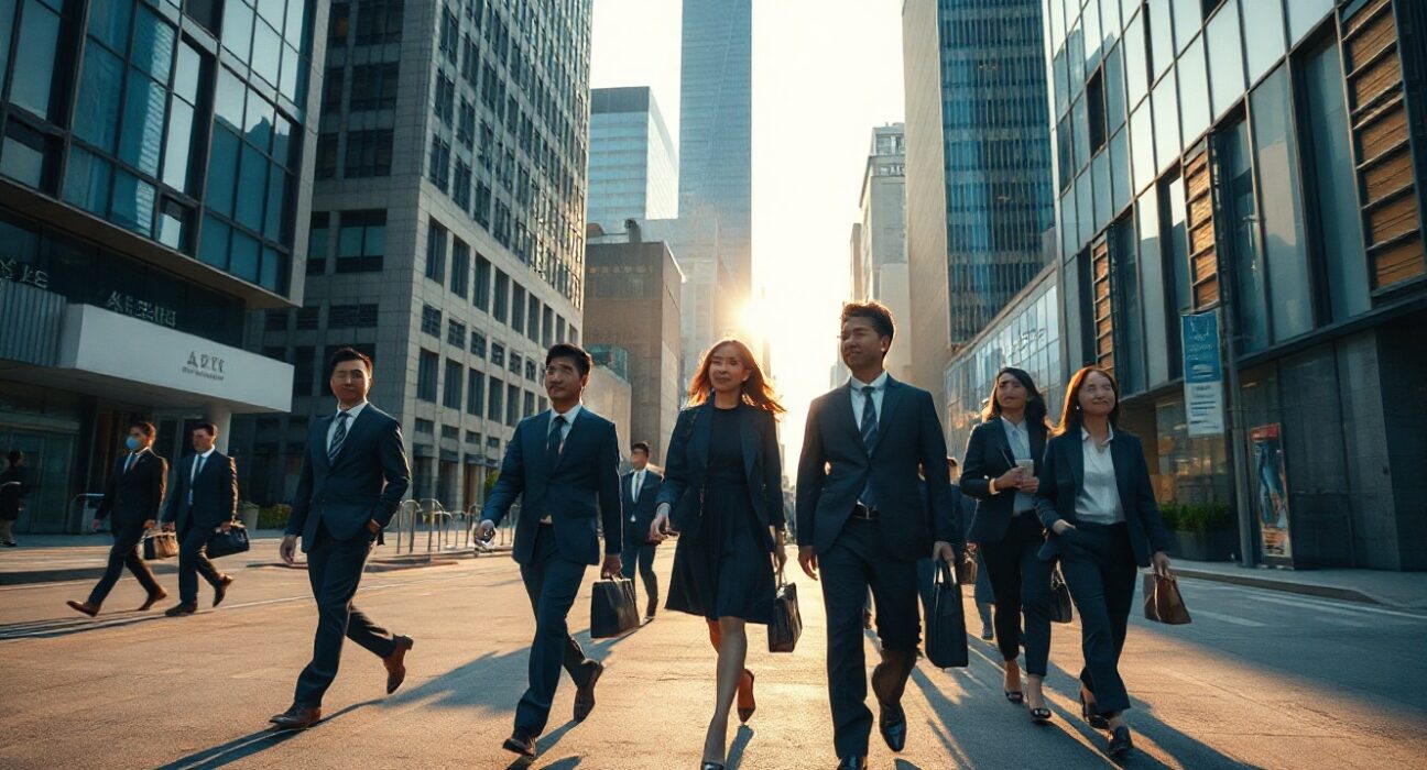 Tokyo office workers walking in a financial district during golden hour
