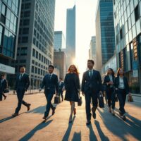Tokyo office workers walking in a financial district during golden hour