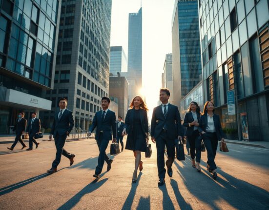 Tokyo office workers walking in a financial district during golden hour