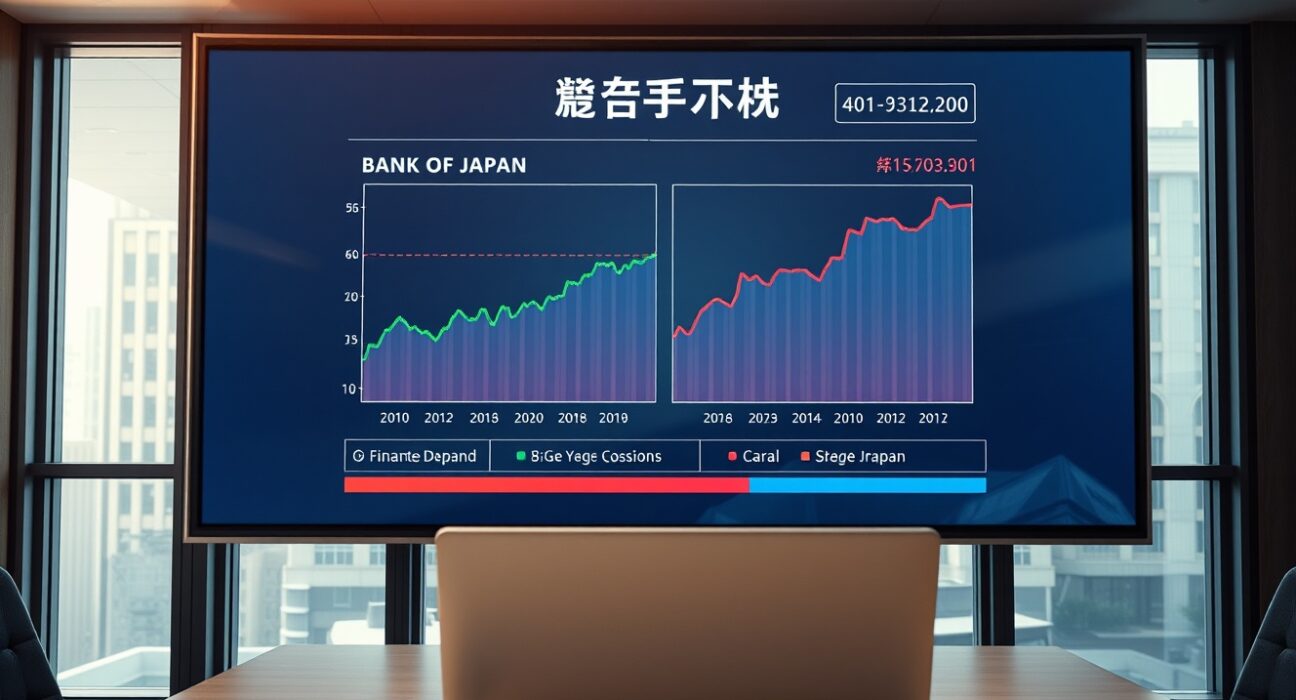 Economic data charts on a screen in a Tokyo financial district office, representing Japan wage growth and Bank of Japan policy analysis.