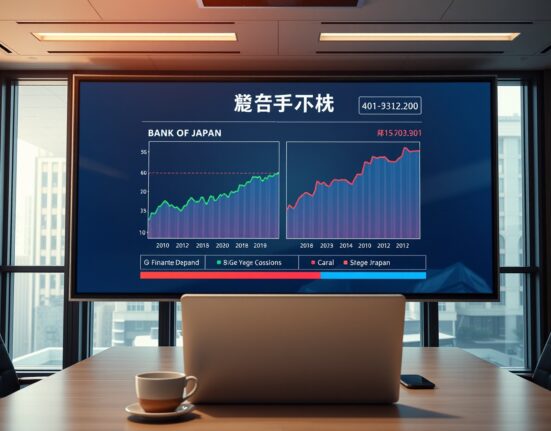 Economic data charts on a screen in a Tokyo financial district office, representing Japan wage growth and Bank of Japan policy analysis.