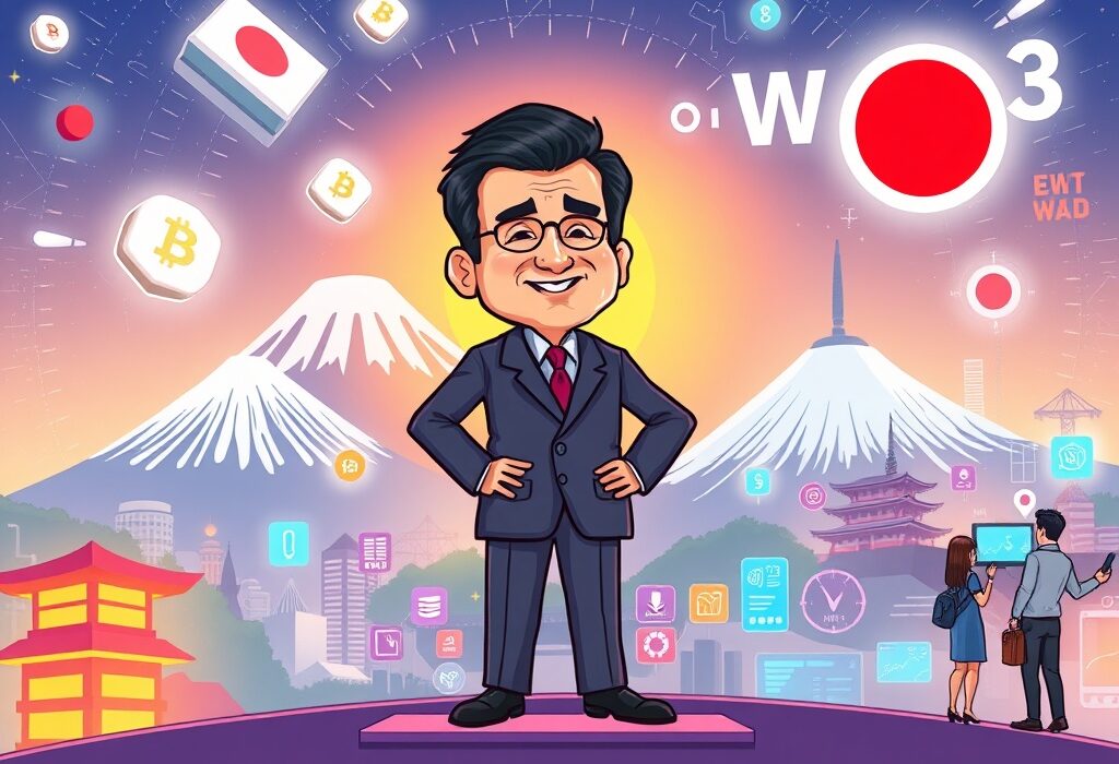 A cartoon illustration symbolizing Japan's bold embrace of Japan Web3 for economic growth and national innovation.