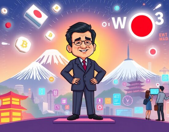 A cartoon illustration symbolizing Japan's bold embrace of Japan Web3 for economic growth and national innovation.