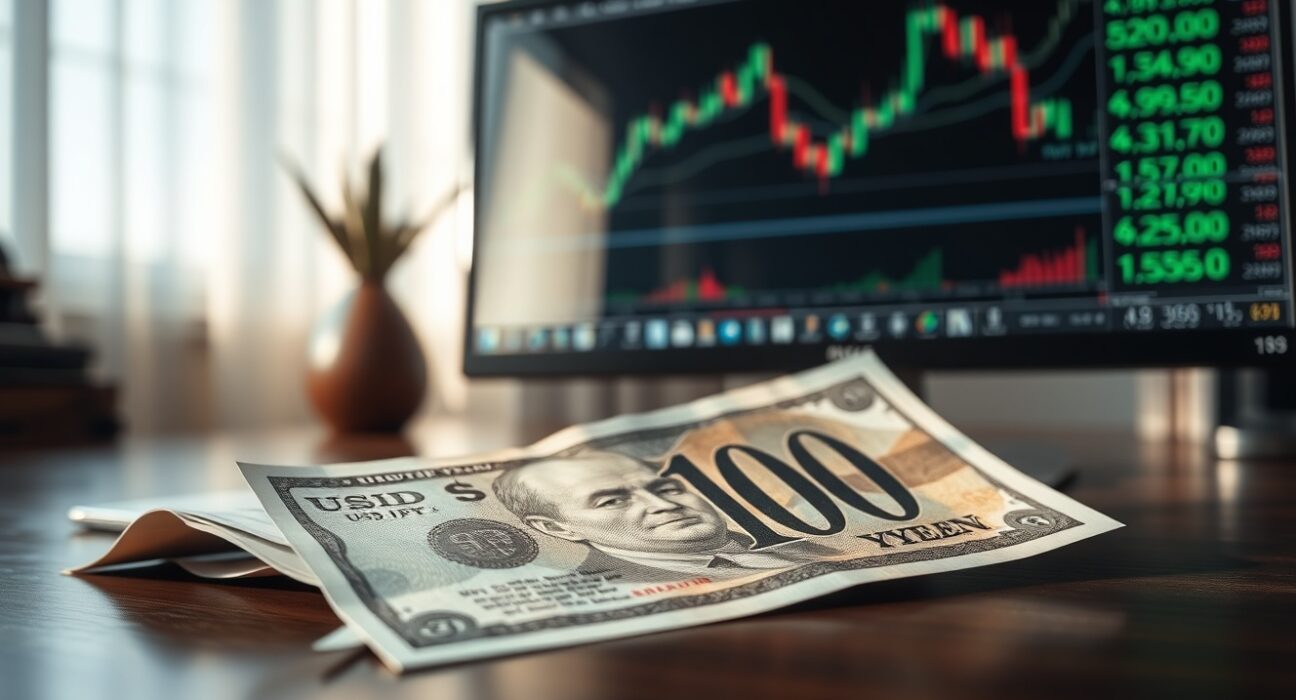 Japanese yen banknote and USD/JPY chart on desk representing currency intervention analysis