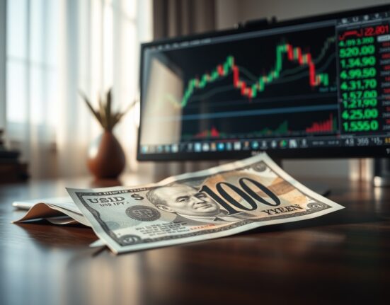 Japanese yen banknote and USD/JPY chart on desk representing currency intervention analysis