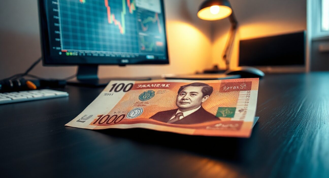 Japanese yen banknotes on a desk with a market chart in background, representing currency intervention