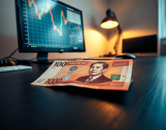 Japanese yen banknotes on a desk with a market chart in background, representing currency intervention