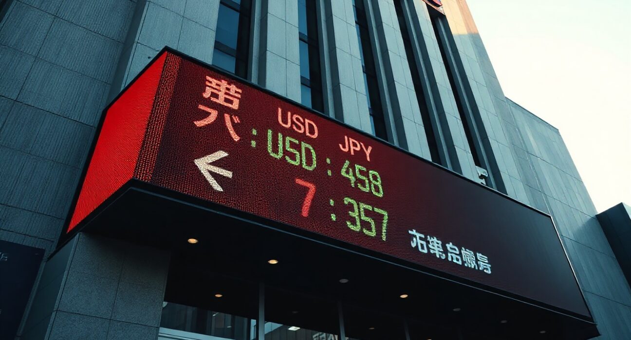 Tokyo financial district with digital yen-dollar exchange rate board, illustrating Japan's currency intervention.