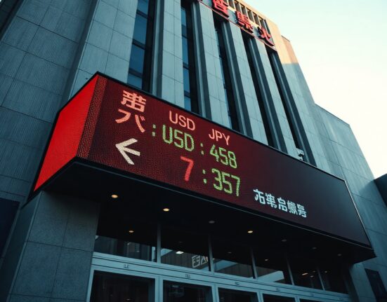 Tokyo financial district with digital yen-dollar exchange rate board, illustrating Japan's currency intervention.