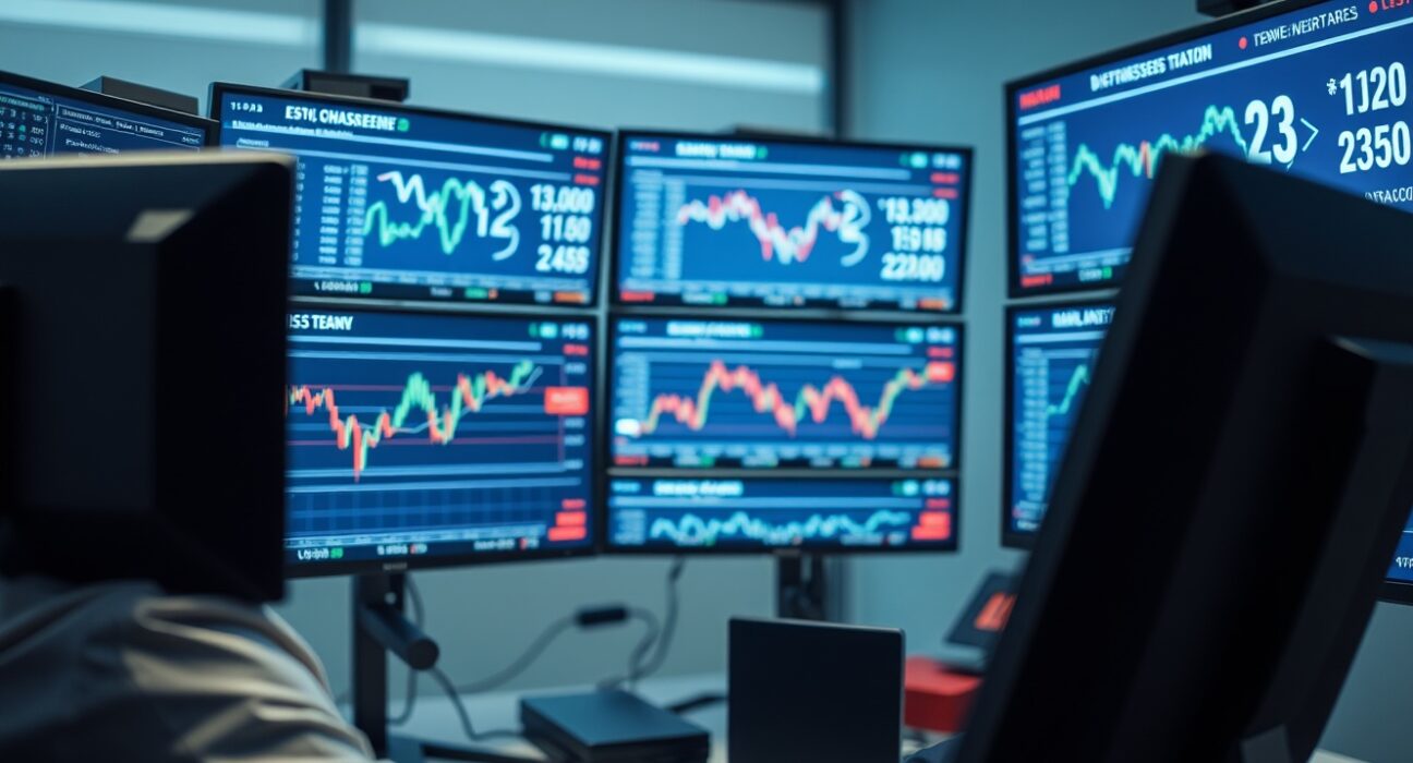 Financial analyst monitoring yen exchange rate charts on multiple screens