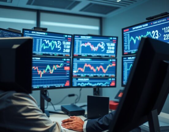Financial analyst monitoring yen exchange rate charts on multiple screens