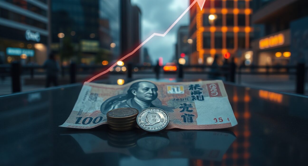 Japanese yen banknotes and coins on a reflective surface with a subtle upward light arrow, symbolizing currency intervention.