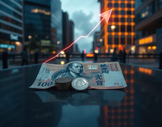 Japanese yen banknotes and coins on a reflective surface with a subtle upward light arrow, symbolizing currency intervention.
