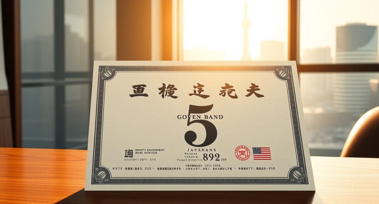 Japanese government bond certificate representing record 5-year bond yield in Tokyo financial market