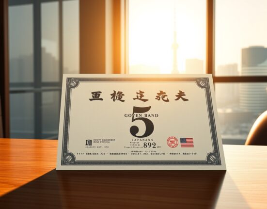 Japanese government bond certificate representing record 5-year bond yield in Tokyo financial market