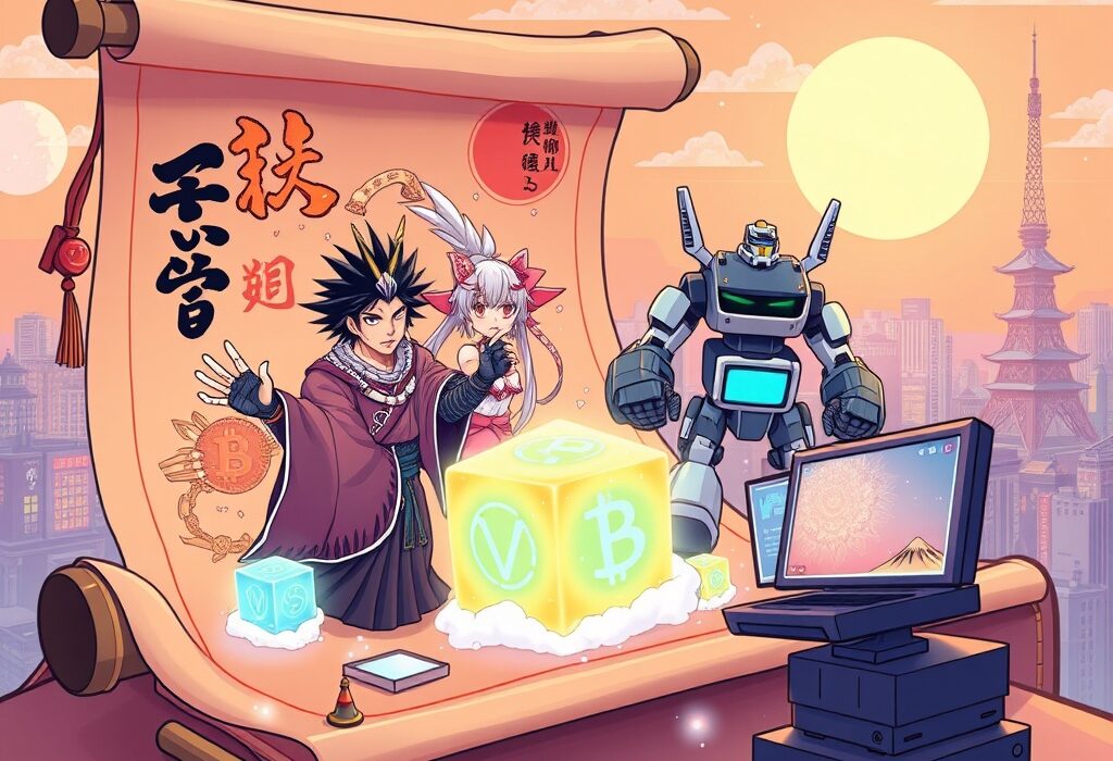 Japanese Animation IP characters transitioning to a Web3 blockchain platform, symbolizing the new investment fund's purpose.