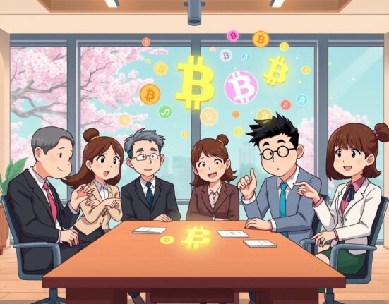 Japanese asset managers discussing revolutionary crypto funds investment strategy in modern boardroom