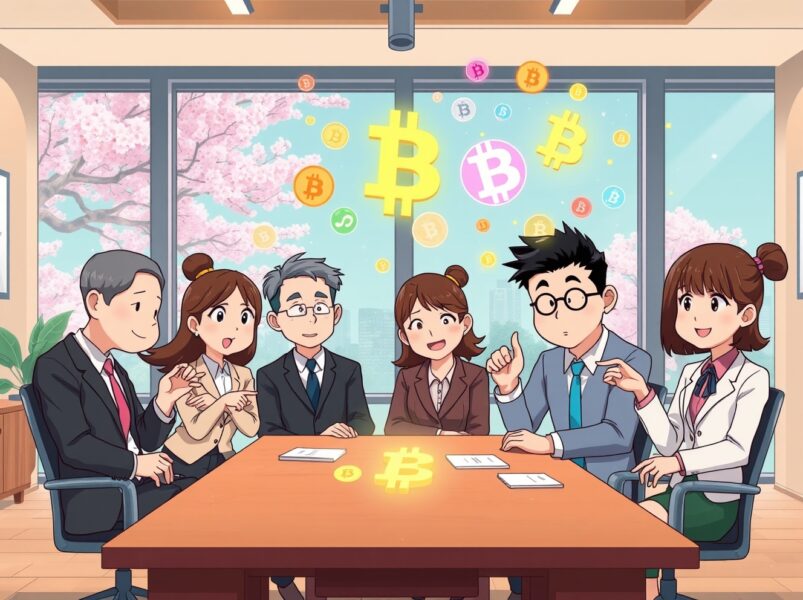 Japanese asset managers discussing revolutionary crypto funds investment strategy in modern boardroom
