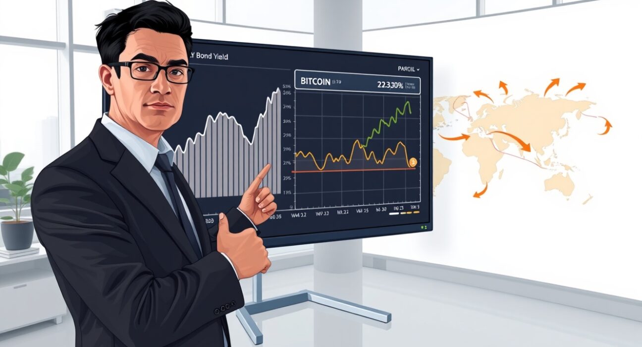Financial analyst examines charts showing surging Japanese bond yields and potential Bitcoin price pressure.