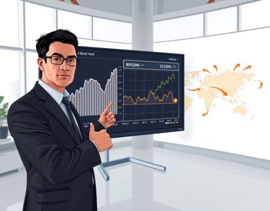 Financial analyst examines charts showing surging Japanese bond yields and potential Bitcoin price pressure.