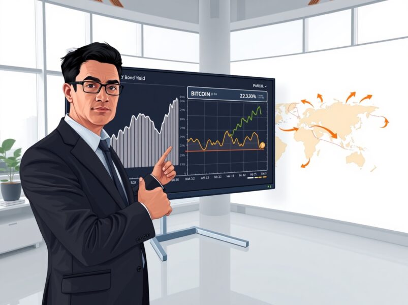 Financial analyst examines charts showing surging Japanese bond yields and potential Bitcoin price pressure.
