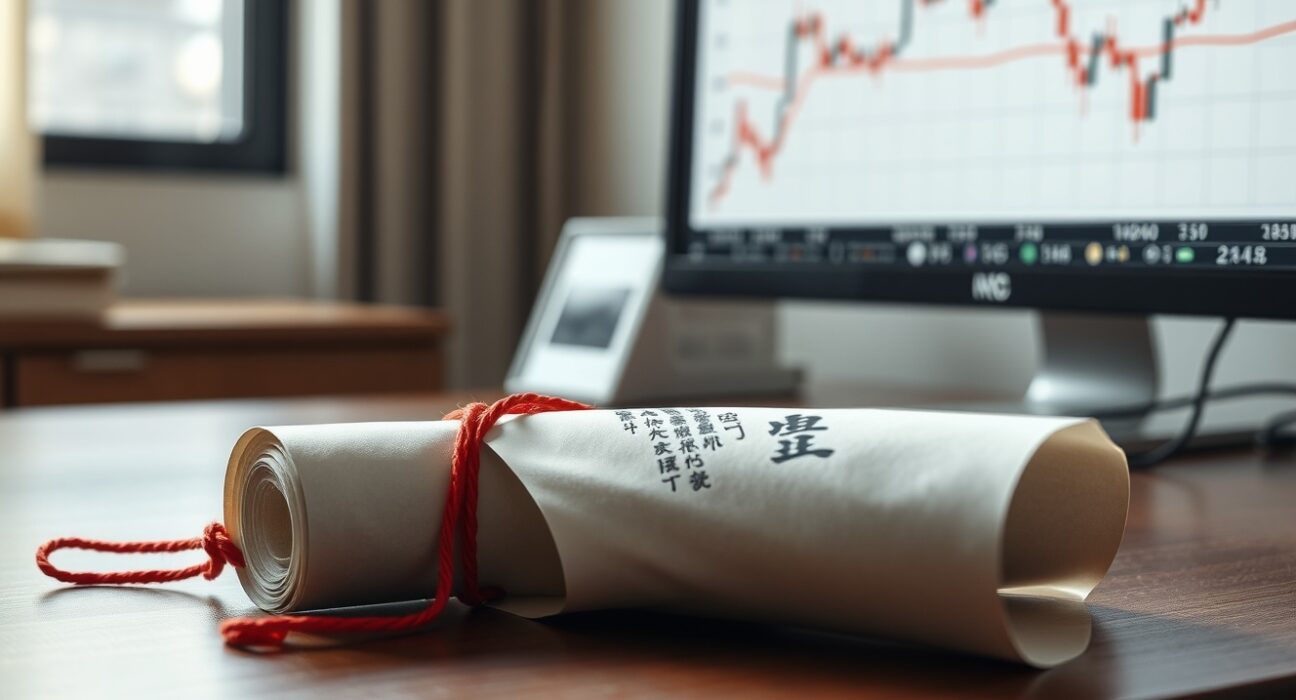 Japanese government bond certificate on a desk with a chart showing rising yields in the background
