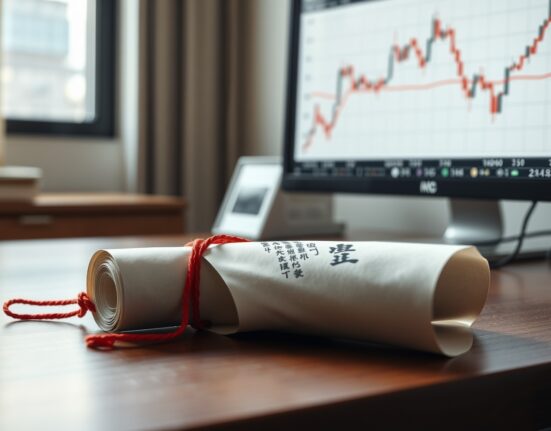 Japanese government bond certificate on a desk with a chart showing rising yields in the background