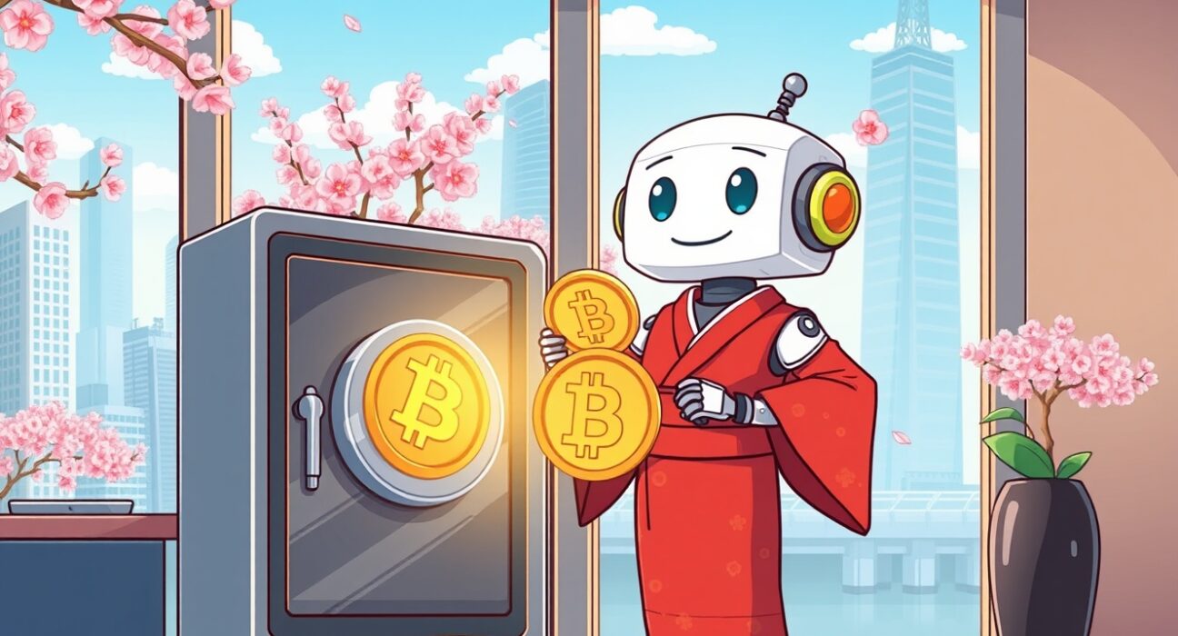 A cartoon robot in a kimono helps Japanese companies manage Bitcoin assets in a secure, modern office.