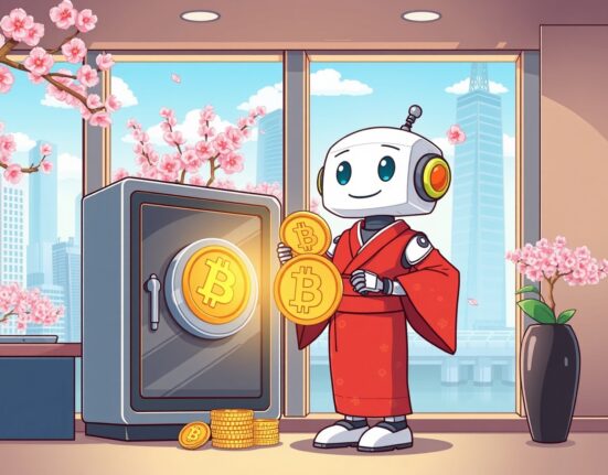 A cartoon robot in a kimono helps Japanese companies manage Bitcoin assets in a secure, modern office.