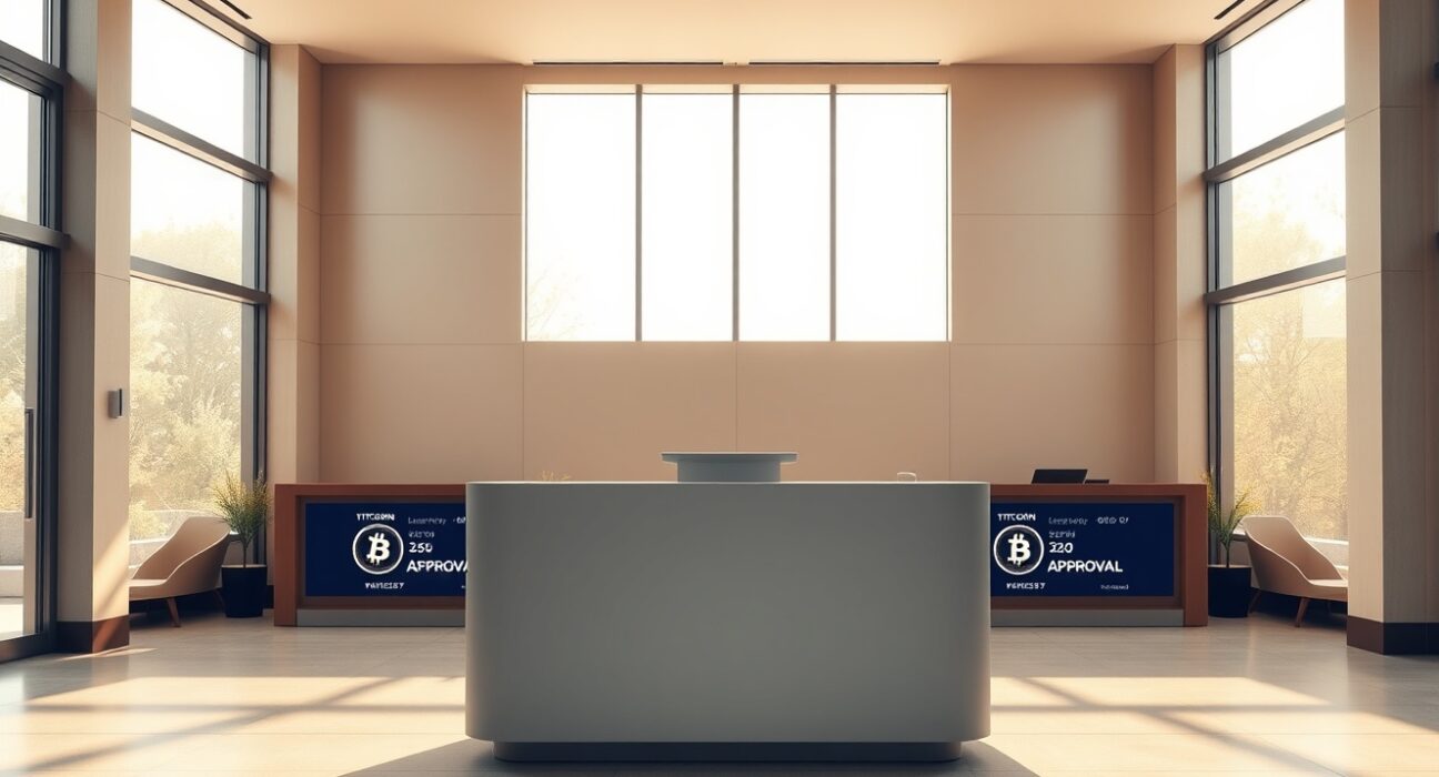 Interior of a modern Japanese financial firm lobby with Bitcoin and loan imagery on digital displays