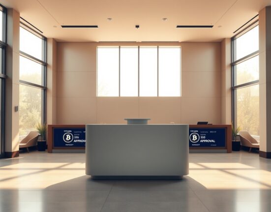 Interior of a modern Japanese financial firm lobby with Bitcoin and loan imagery on digital displays