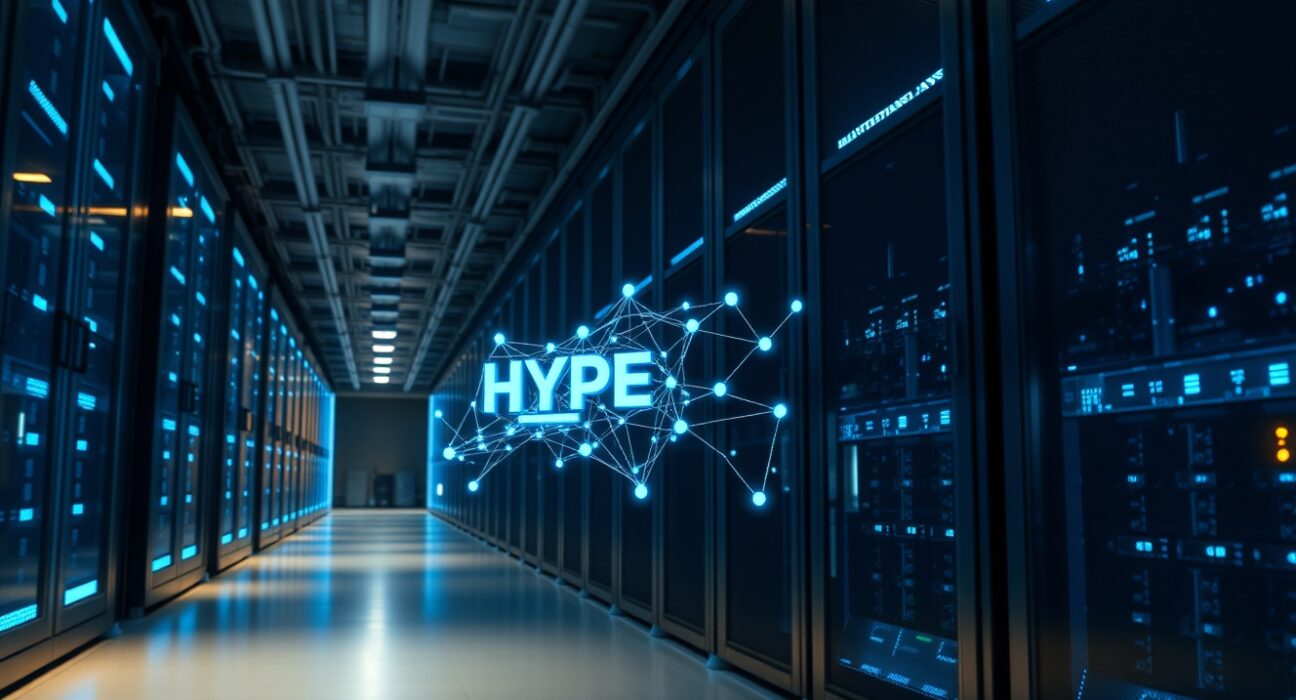 Interior of a Japanese data center with server racks and a digital display showing Hyperliquid blockchain network