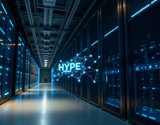 Interior of a Japanese data center with server racks and a digital display showing Hyperliquid blockchain network