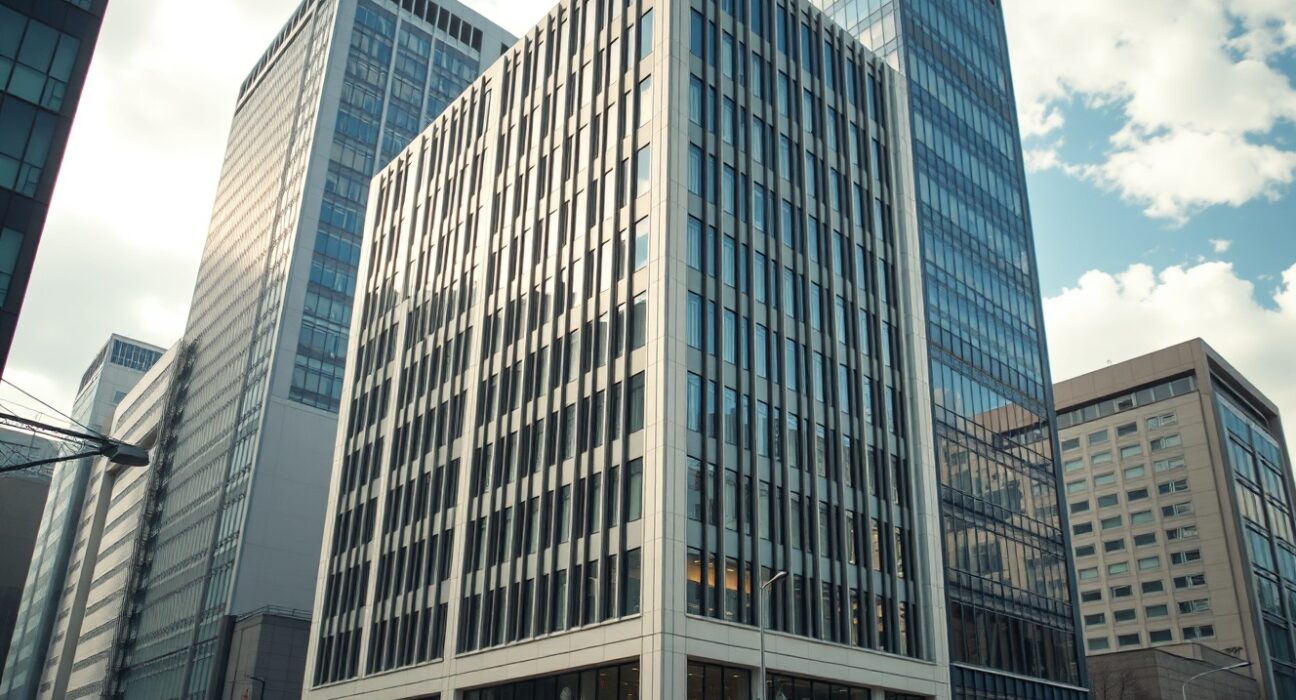 Modern office building in Tokyo business district representing Japanese pension fund investment