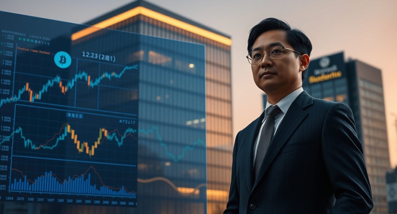 Tokyo corporate office building exterior with digital cryptocurrency charts displayed in lobby