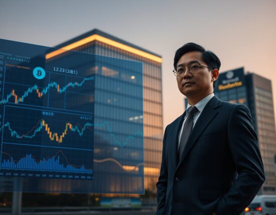 Tokyo corporate office building exterior with digital cryptocurrency charts displayed in lobby