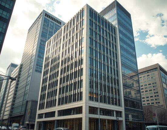 Modern office building in Tokyo business district representing Japanese pension fund investment