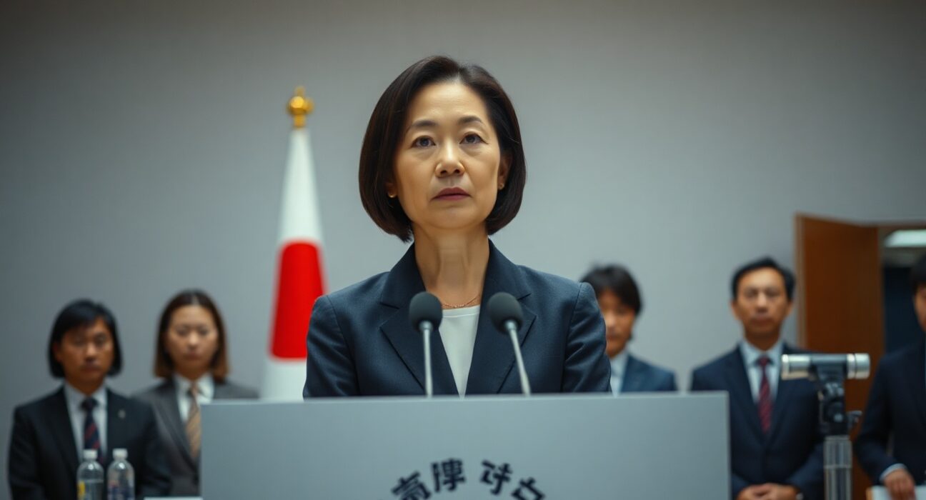 Japanese Prime Minister Sanae Takaichi at a press conference denying involvement with the Sanae Token cryptocurrency.